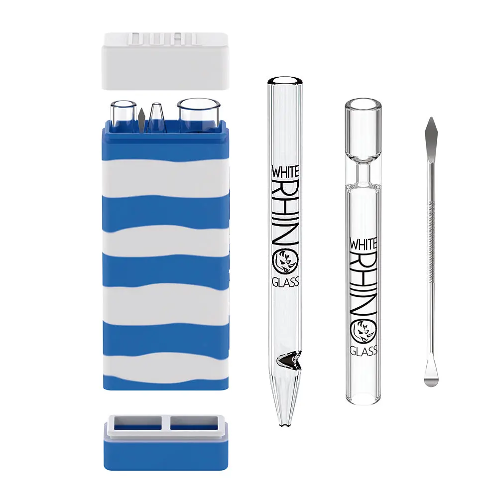 Dual Container With Quartz Glass Straw And Chillum - Blue White 1