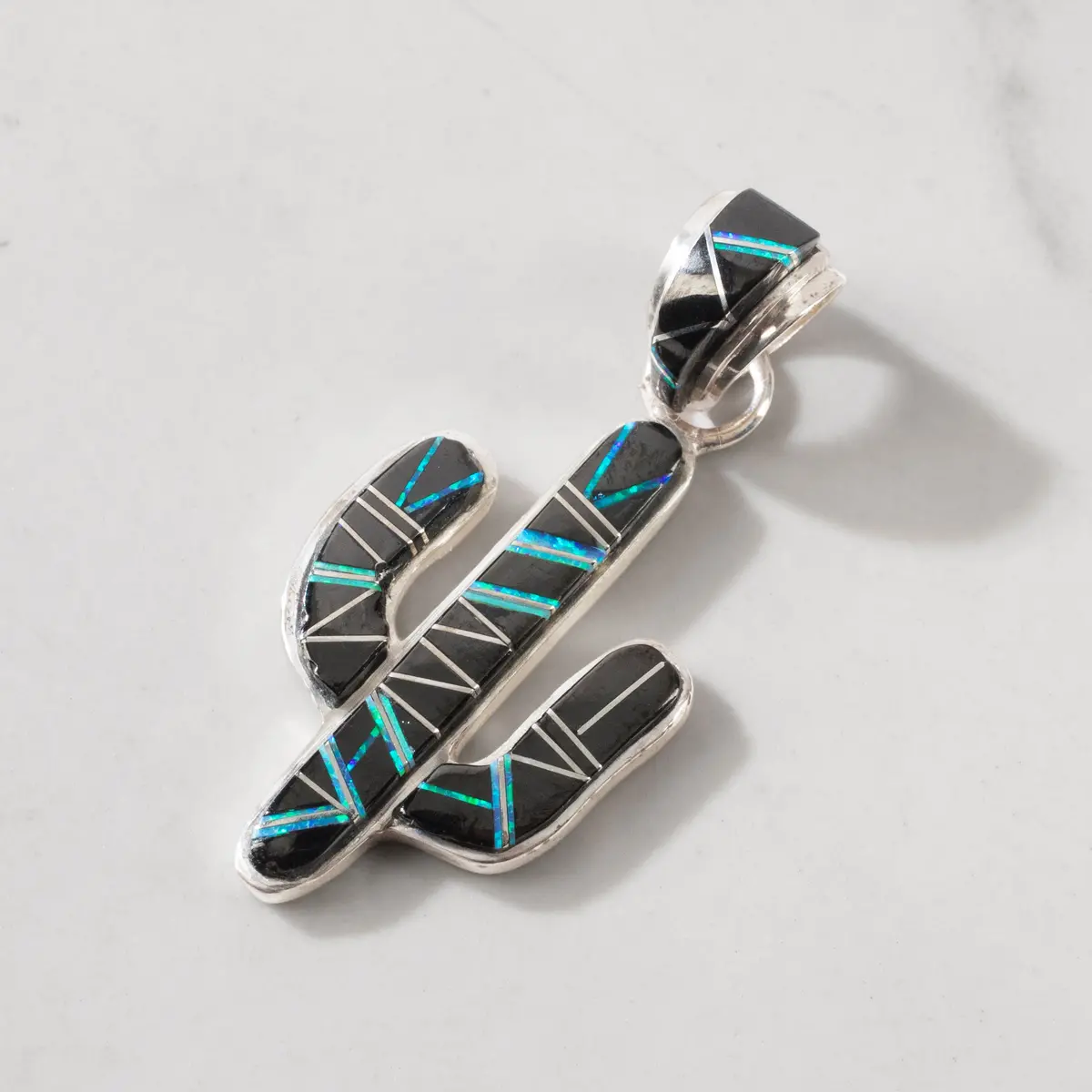 Black Onyx Cactus 925 Sterling Silver Pendant Usa Handmade With Opal Accent 1