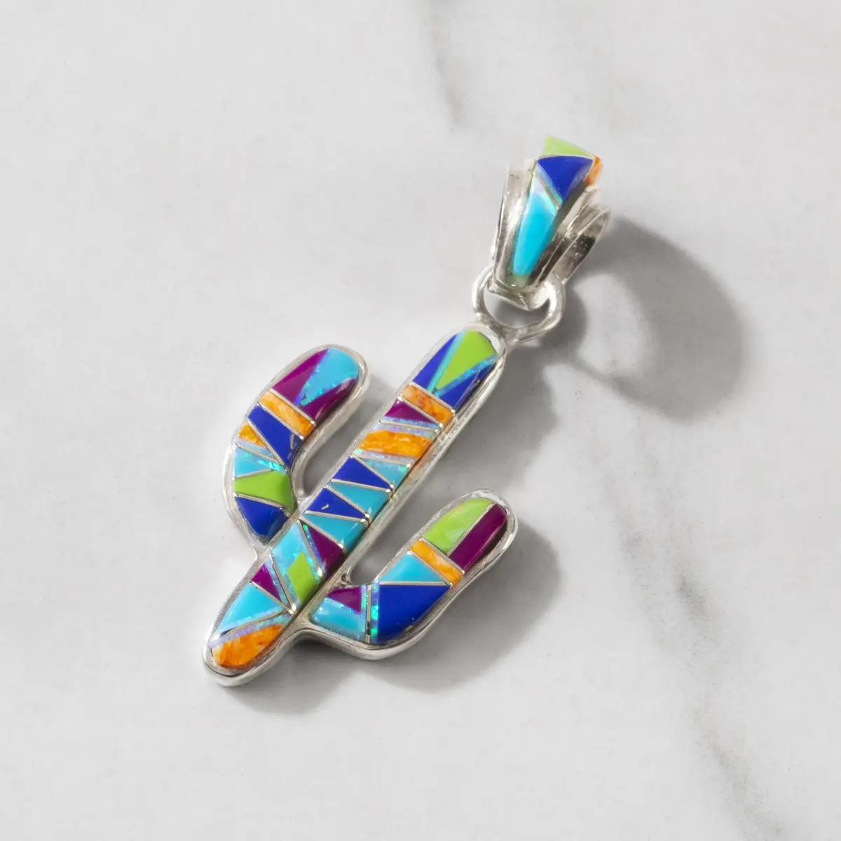 Multi Gemstone Cactus 925 Sterling Silver Usa Handmade Pendant 1