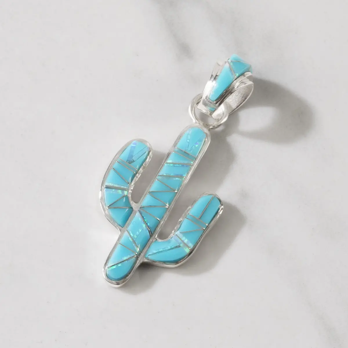 Turquoise Cactus 925 Sterling Silver Pendant Usa Handmade With Aqua Opal Accent 1