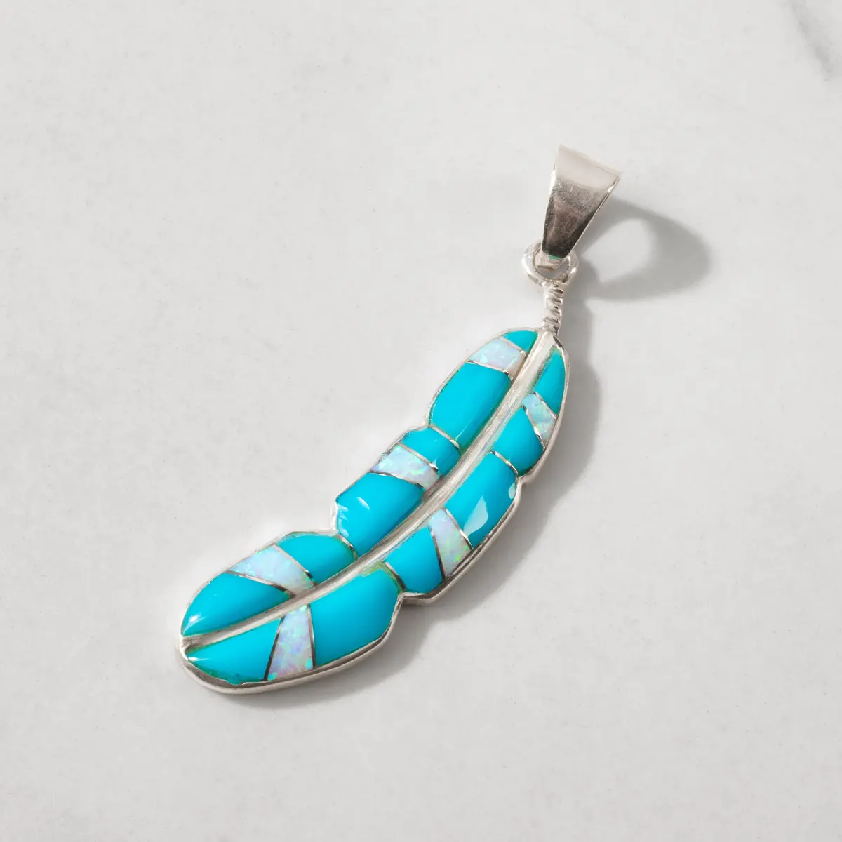Turquoise Feather 925 Sterling Silver Pendant Usa Handmade With Opal Accent 1