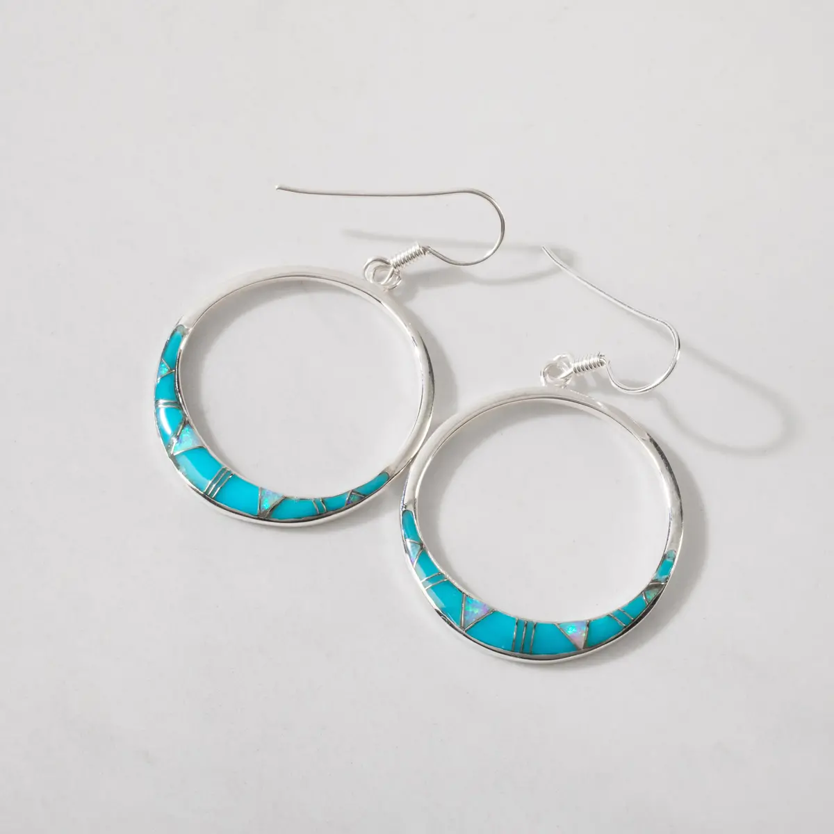 Turquoise Hoop 925 Sterling Silver Usa Handmade Earring With French Hook & Opal Accent 1