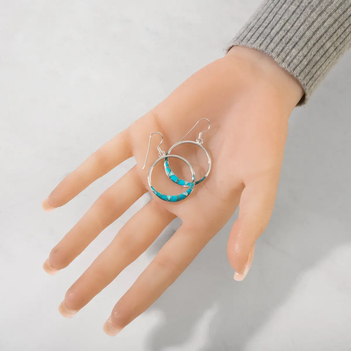 Turquoise Hoop 925 Sterling Silver Usa Handmade Earring With French Hook & Opal Accent 2