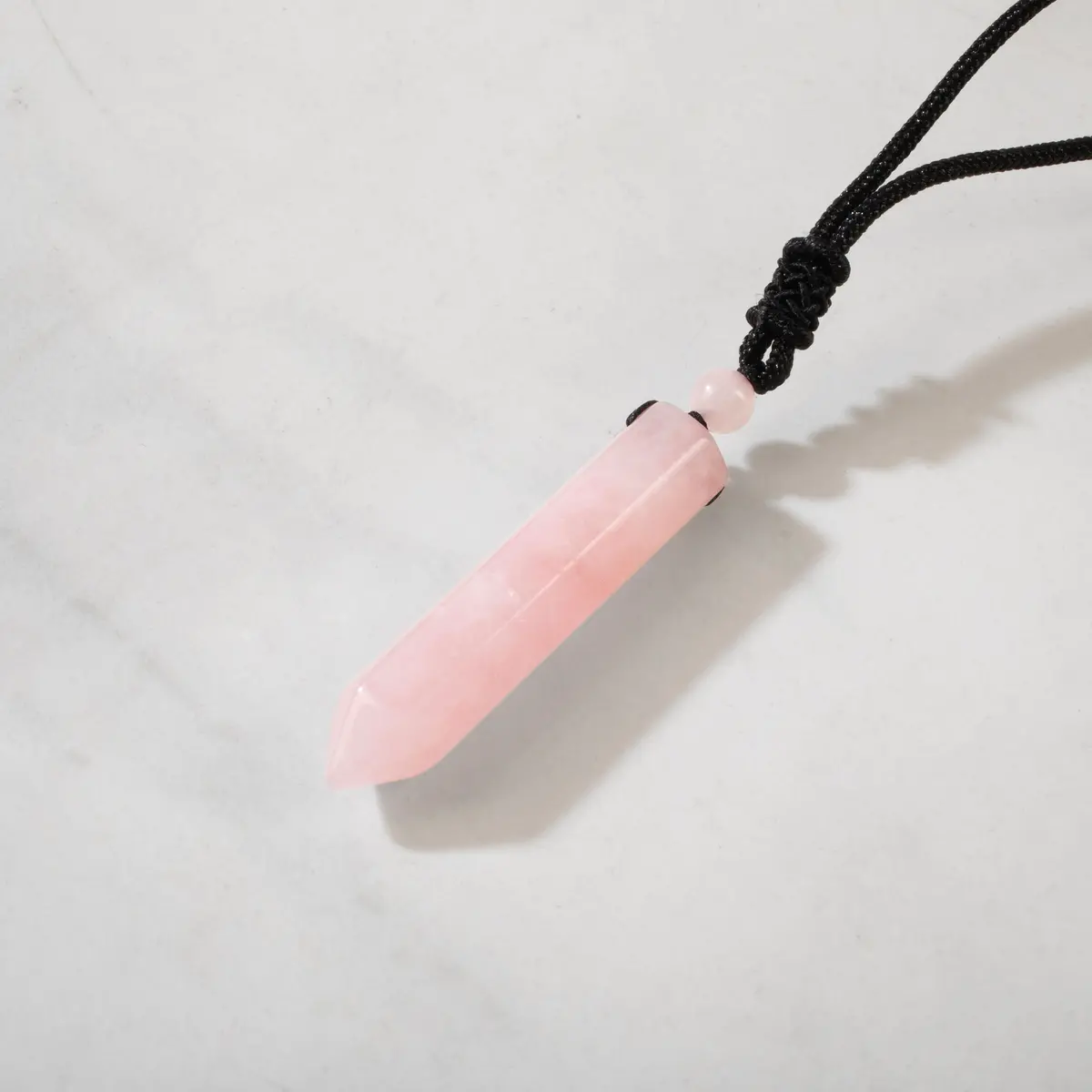 25" Pointed Rose Quartz Drop Black Cord Necklace 1
