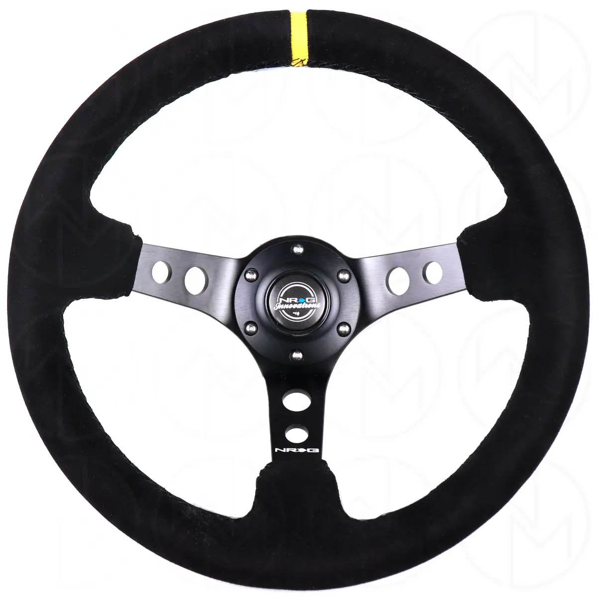 Nrg Sports Steering Wheel - 350Mm Suede W/Yellow Marker & Spoke Holes W/Black Stitch 1