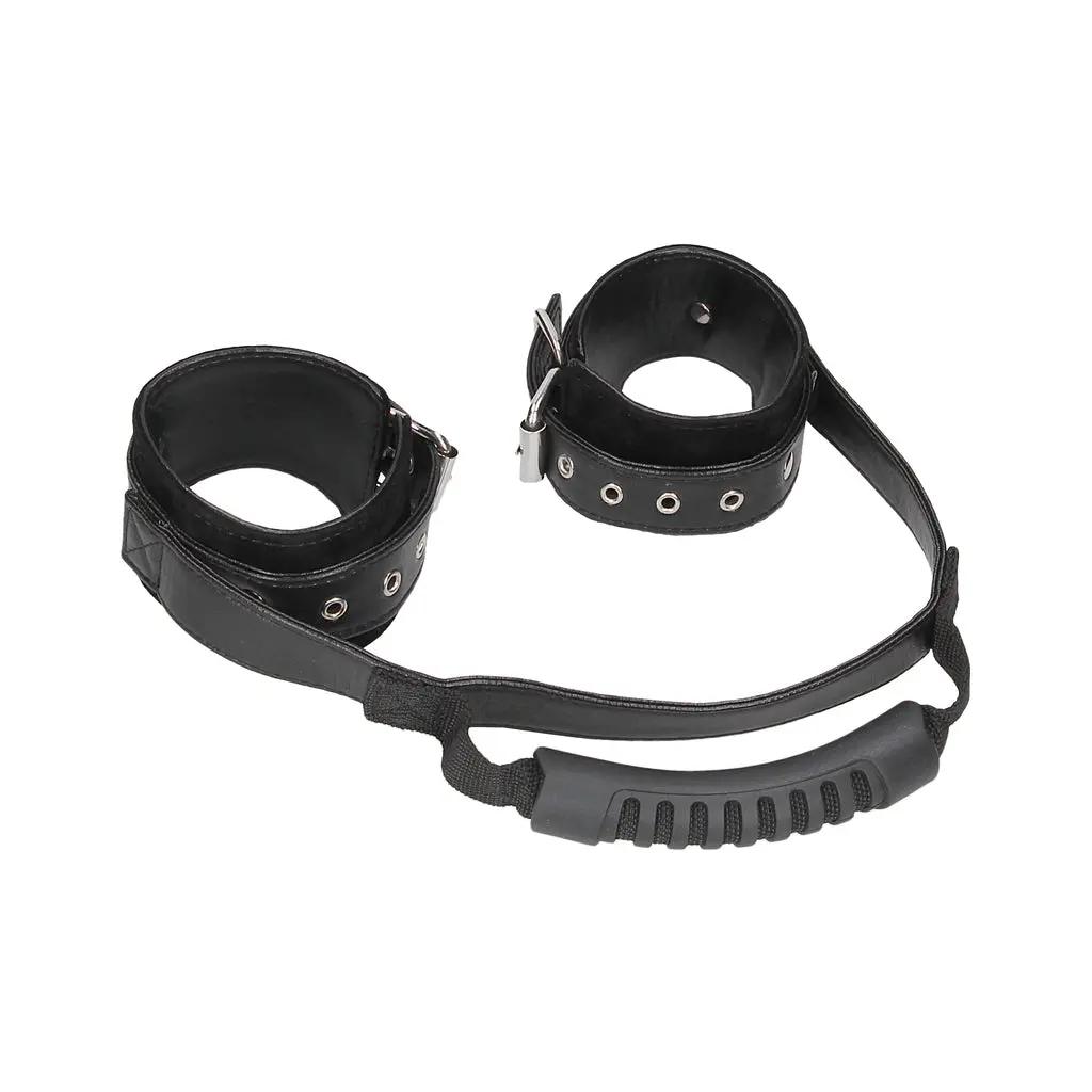 Bonded Leather Hand Cuffs With Handle - With Adjustable Straps 1
