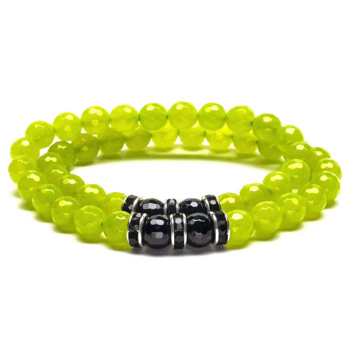 Faceted Bright Green Agate 8Mm Beads With Black Agate And Black And Silver Accent Beads Double Wrap Elastic Gemstone Bracelet 2