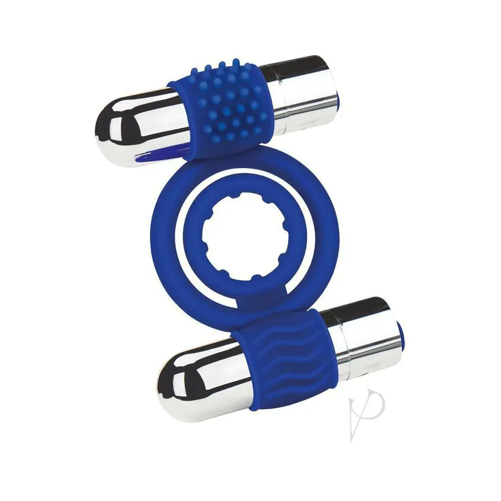 Zolo Rechargeable Duo Vibrating Silicone Cock Ring - Navy/Silver 1