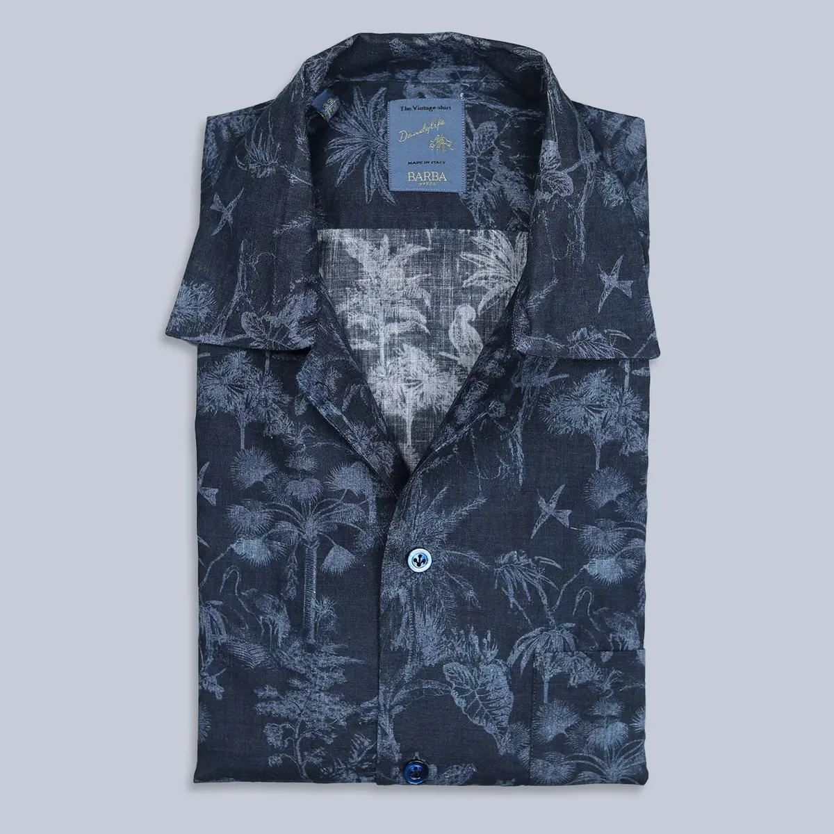Navy Blue Short Sleeve Printed Camp Collar Shirt 1