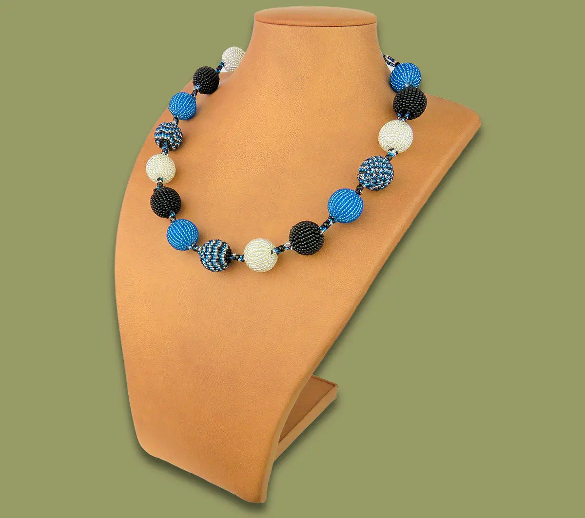 Beaded Bobble Necklace Blue Silver Black 1