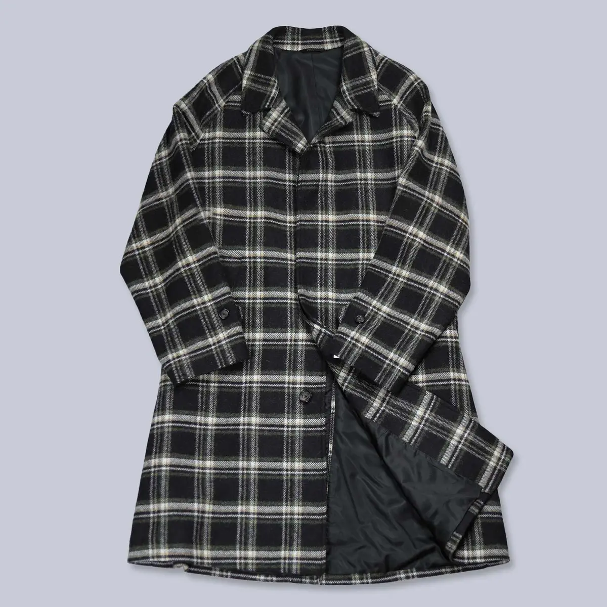 Black Green Lightweight Wool Checked Raglan Coat 1