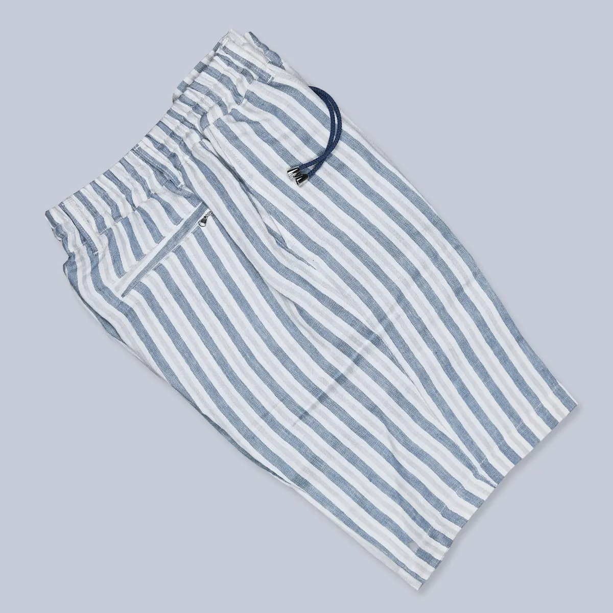 Blue Grey Striped Linen Shorts 1