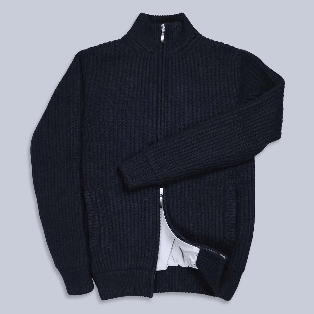 Navy Cashmere Wool Padded Zip Cardigan 1