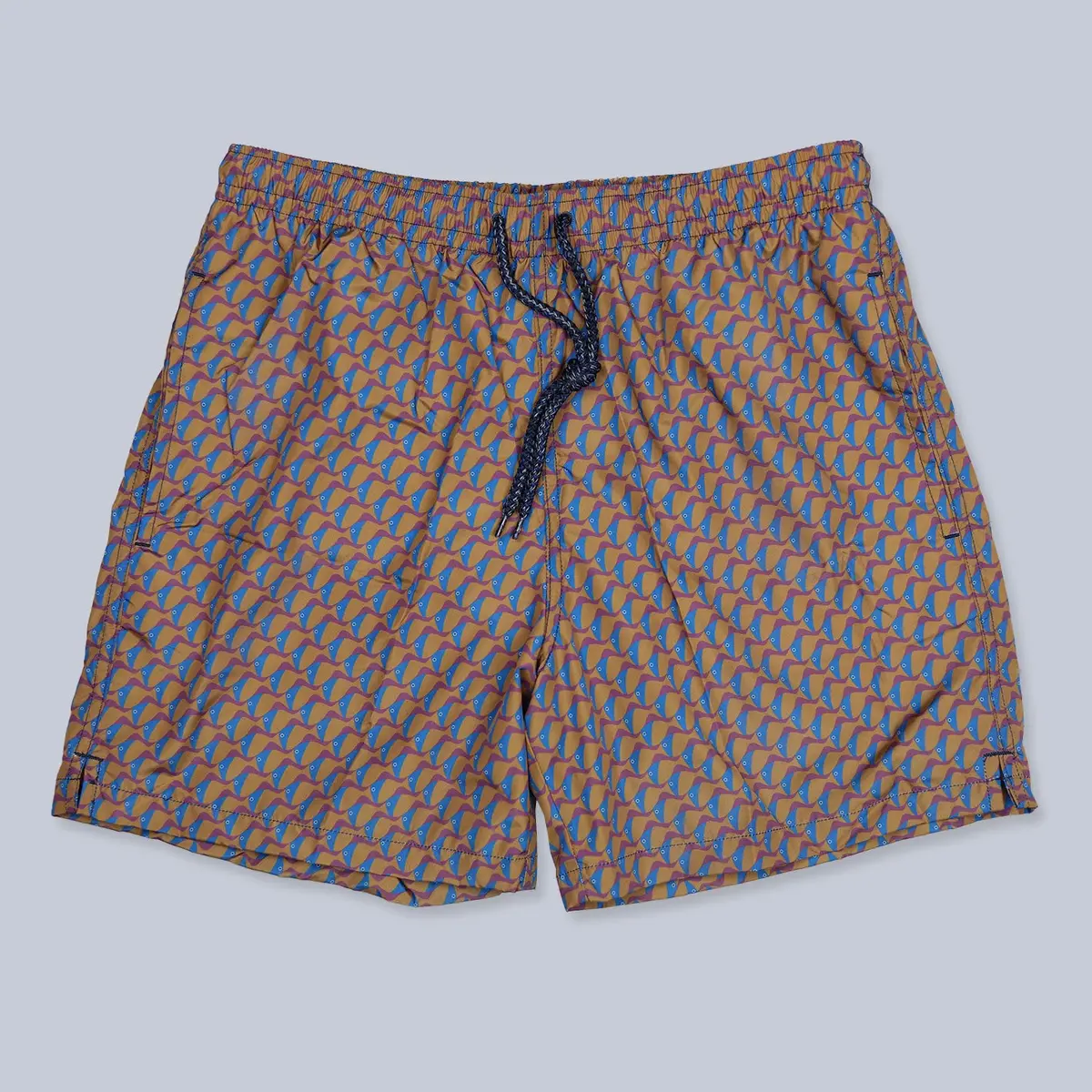 Brown Blue Fish Printed Swim Shorts 1