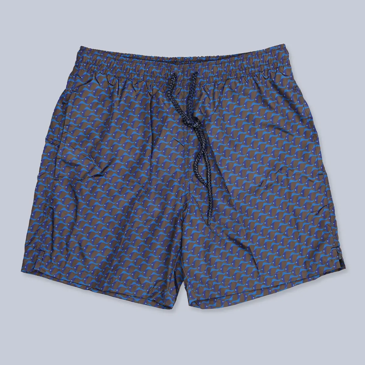 Dark Brown Navy Fish Printed Swim Shorts 1