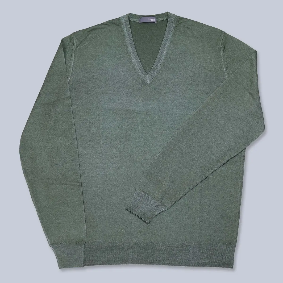 Green Superfine 140S Washed Wool V-Neck Sweater 1