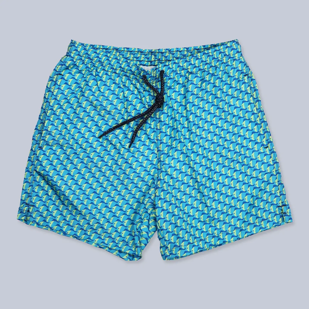 Turquoise Yellow Fish Printed Swim Shorts 1