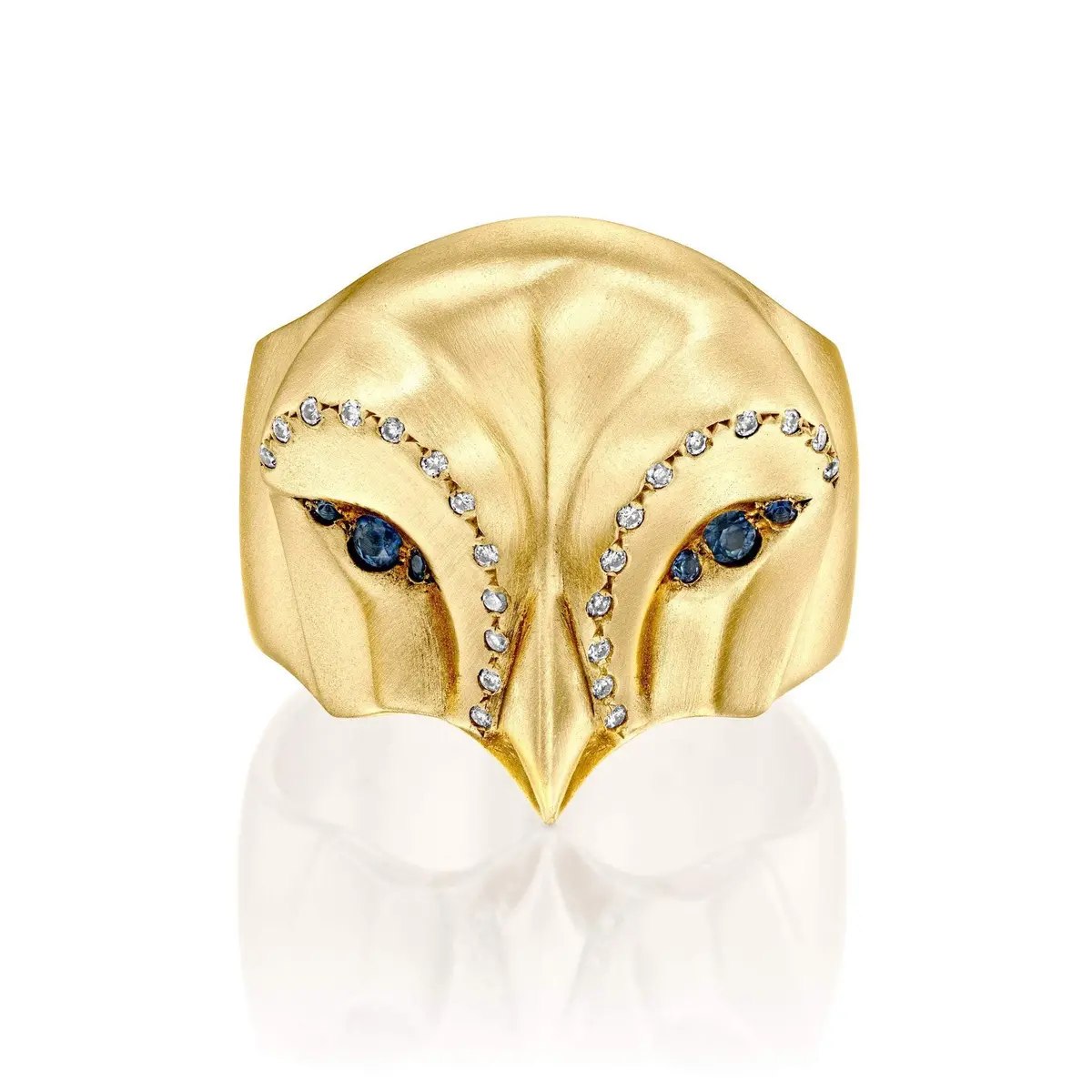14K Gold Snowy Owl Ring With Blue Sapphires And White Diamonds 1