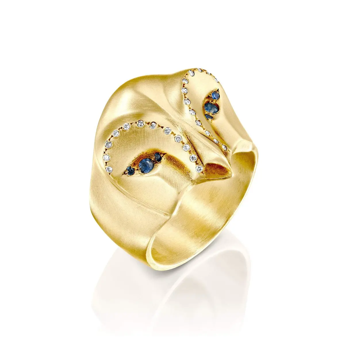 14K Gold Snowy Owl Ring With Blue Sapphires And White Diamonds 2