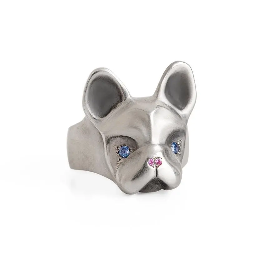 French Bulldog Ring With Blue & Pink Sapphires 1