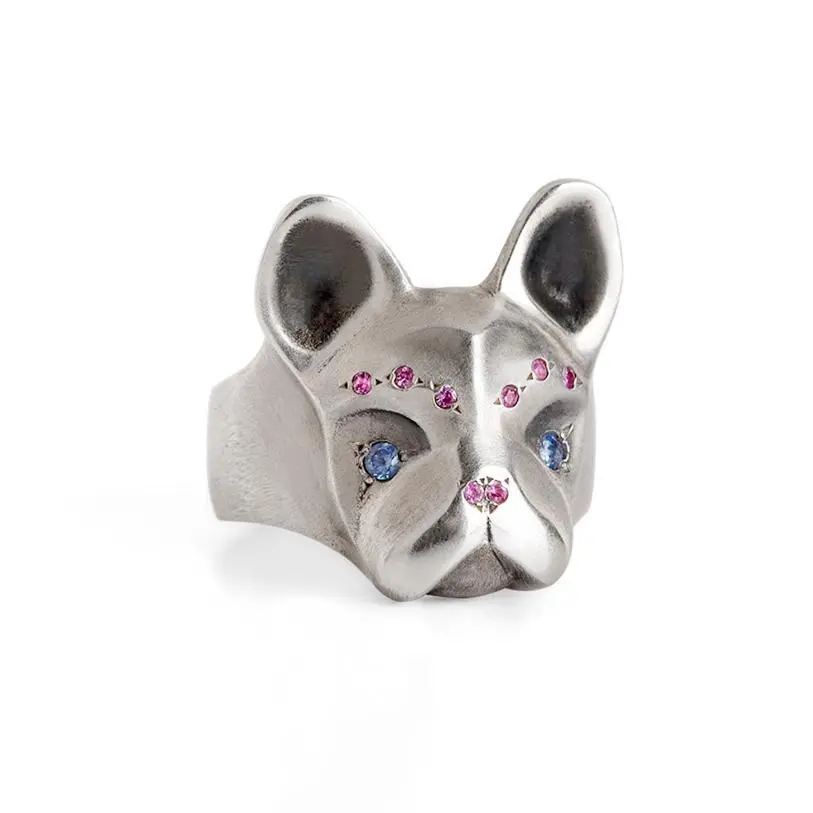French Bulldog Ring With Fancy Sapphires Setting 1