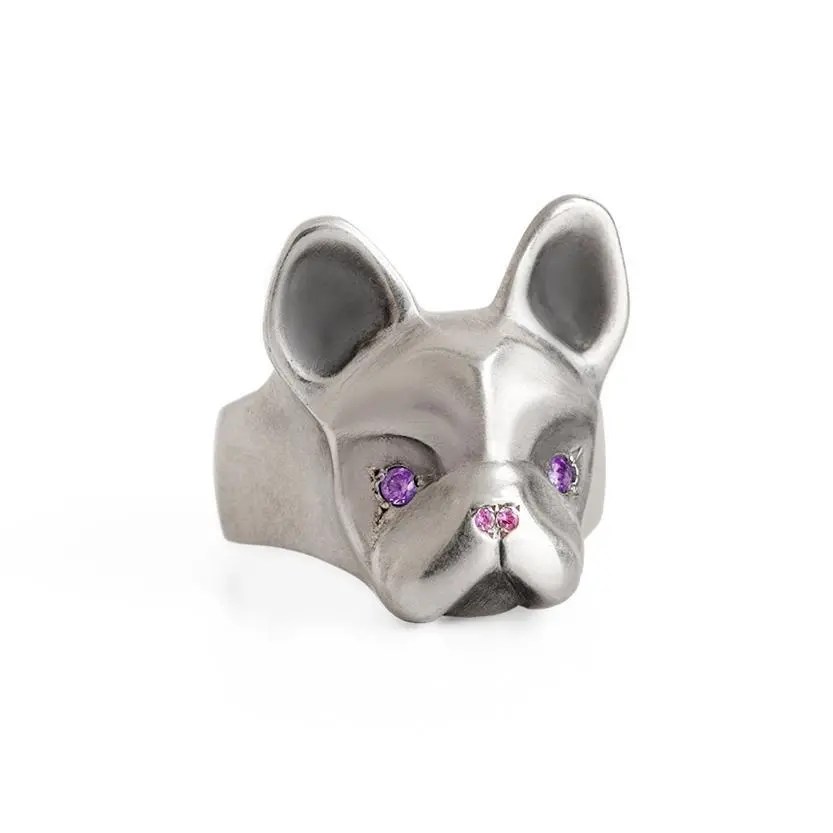French Bulldog Ring With Purple & Pink Setting 1