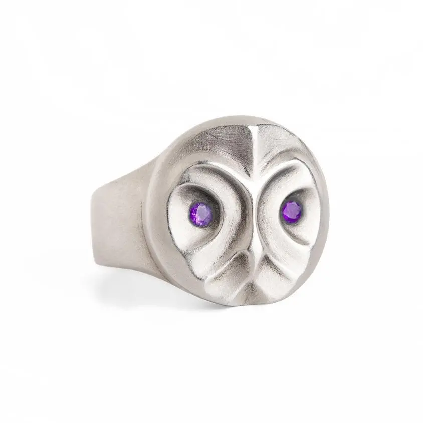 Great Grey Owl Ring With Amethyst Eyes 1