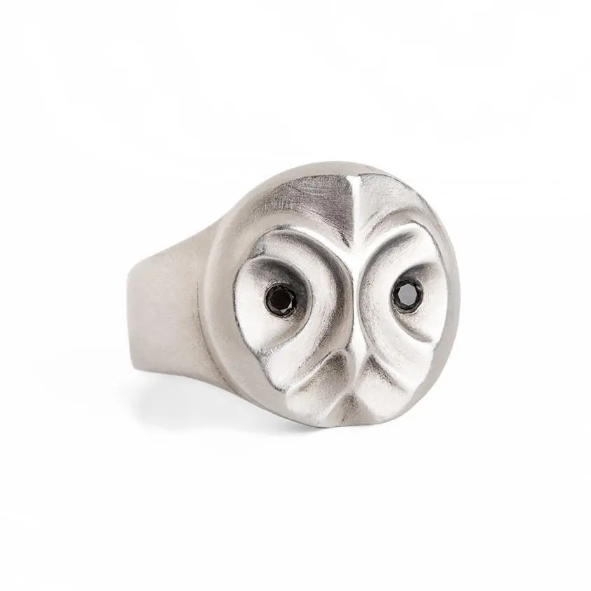 Great Grey Owl Ring With Black Diamonds 1
