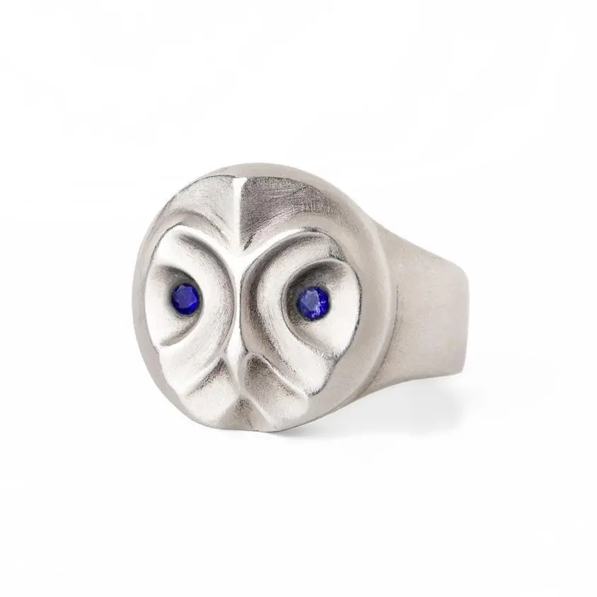 Great Grey Owl Ring With Blue Sapphires 1