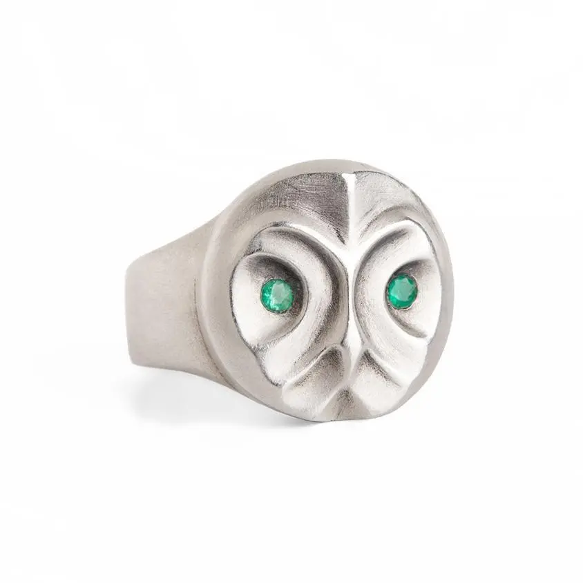 Great Grey Owl Ring With Emerald Eyes 1