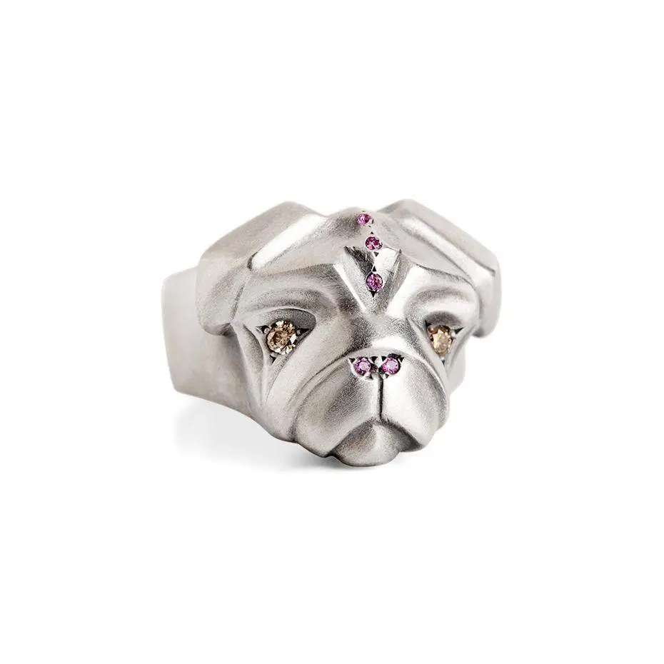 Lady Pug Ring With Champagne Diamonds & Pink Sapphires 1