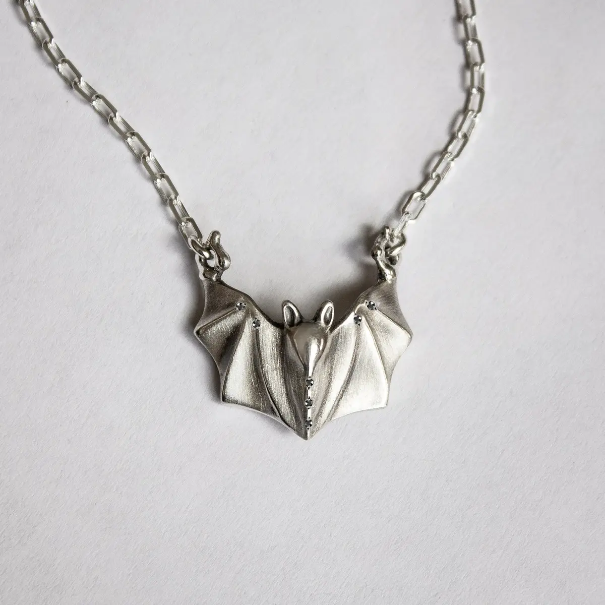 Silver Bat Necklace With Black Diamonds 1