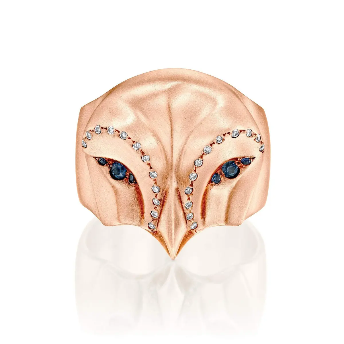 14K Rose Gold Snowy Owl Ring With Blue Sapphires And White Diamonds 1
