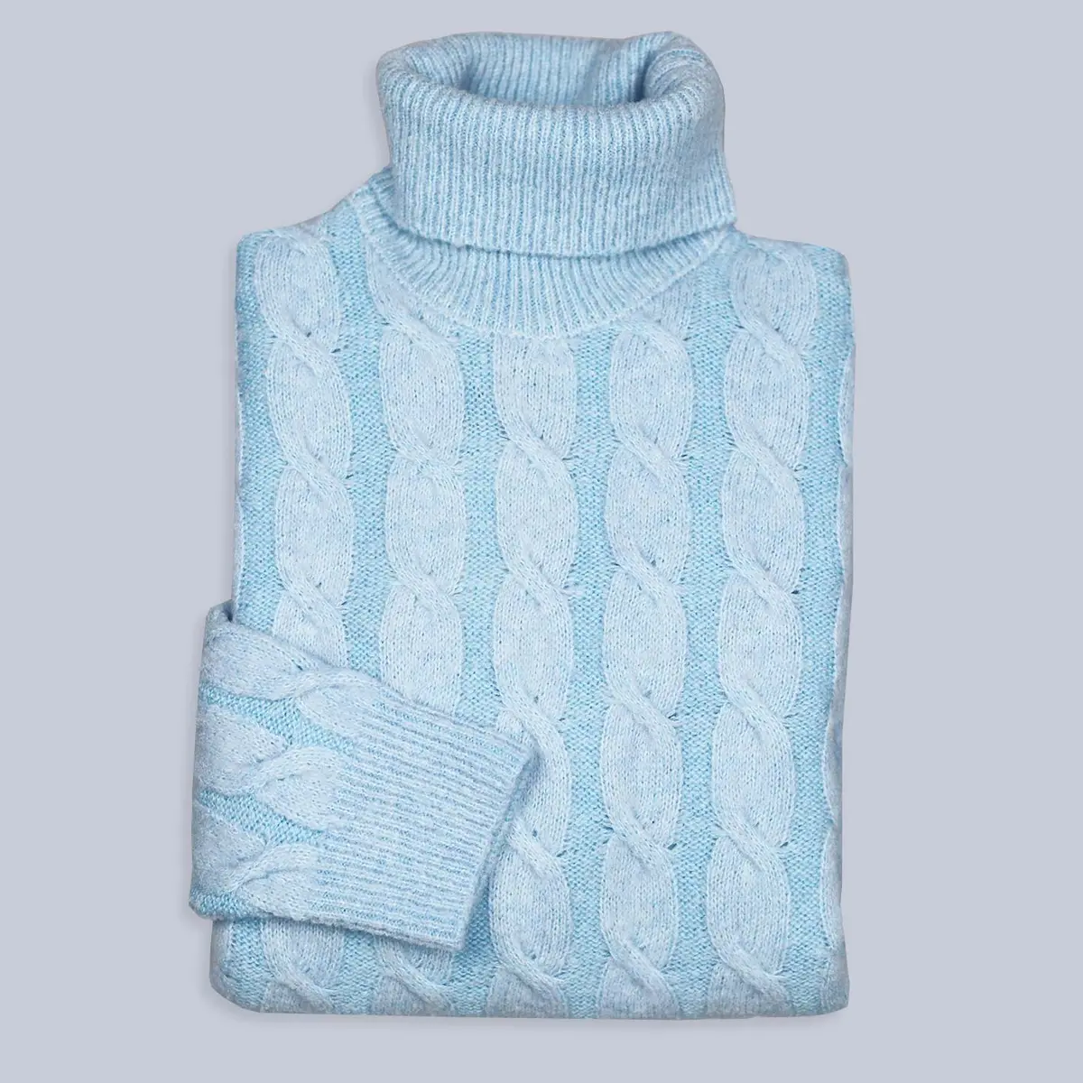 Azure Blue Wool Cable Knit Roll Neck Sweater 1