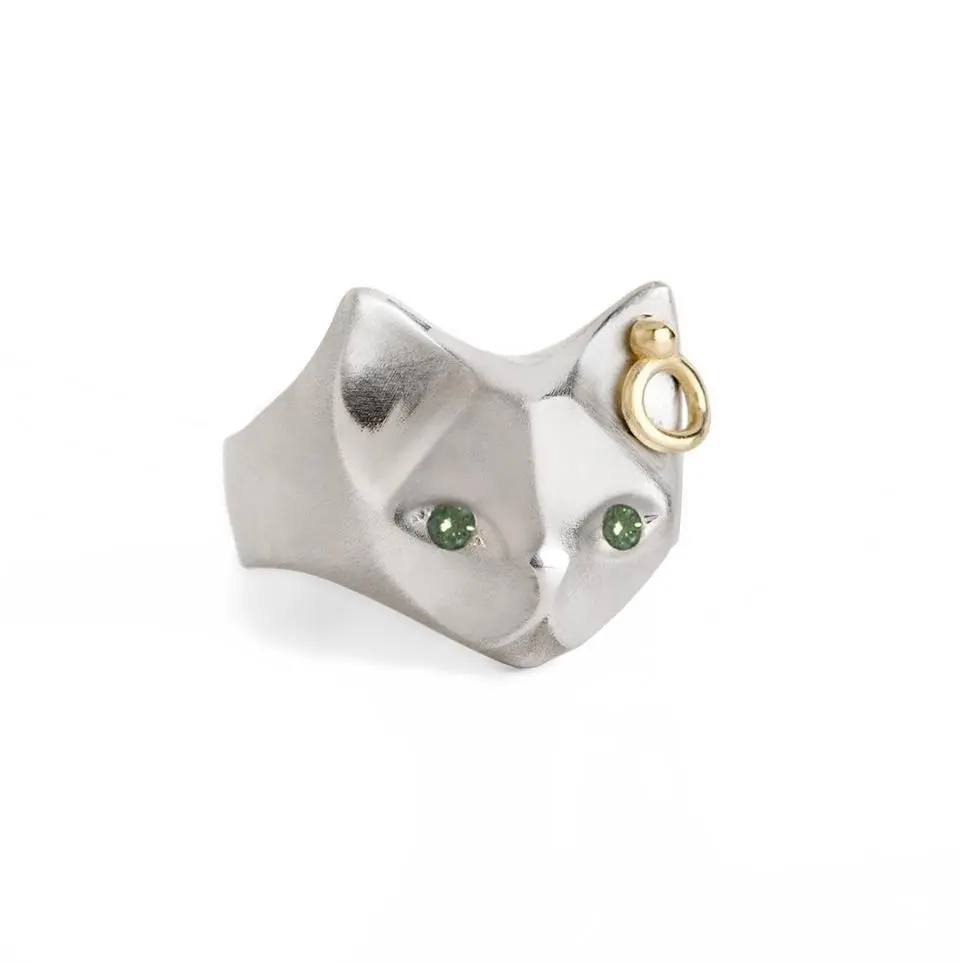 Cat Ring With Green Diamonds & Ear Piercing 1