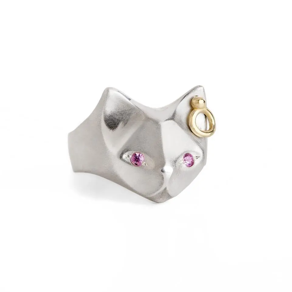 Cat Ring With Pink Sapphire Eyes & An Ear Piercing 1