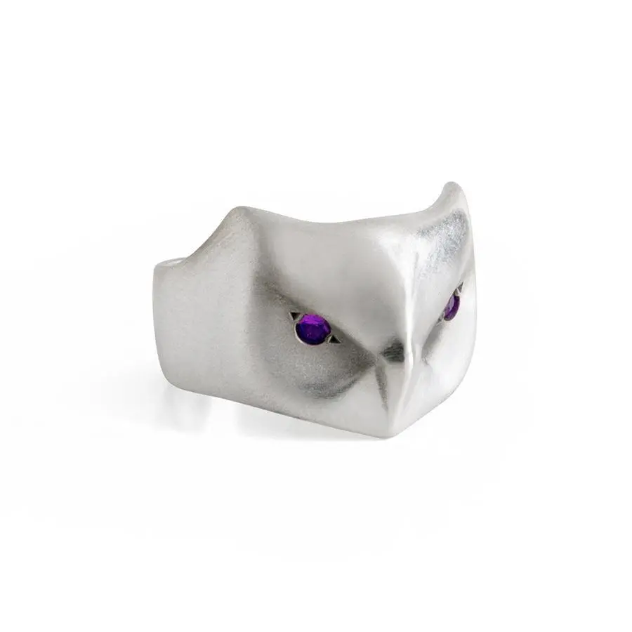 Great Horned Owl Ring With Amethyst Eyes 1