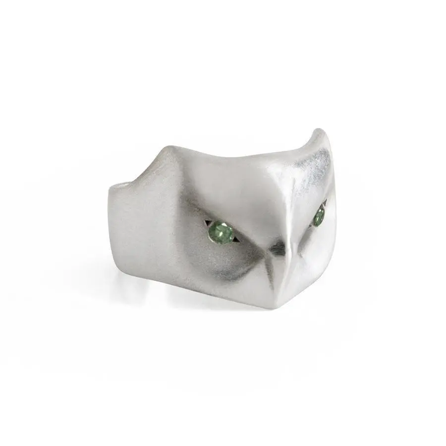 Great Horned Owl Ring With Green Diamonds 1