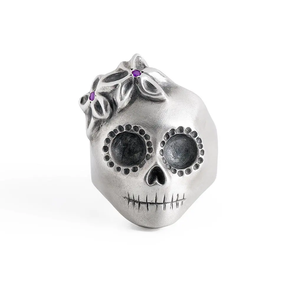 Lady Skull Ring With Purple Flowers 1