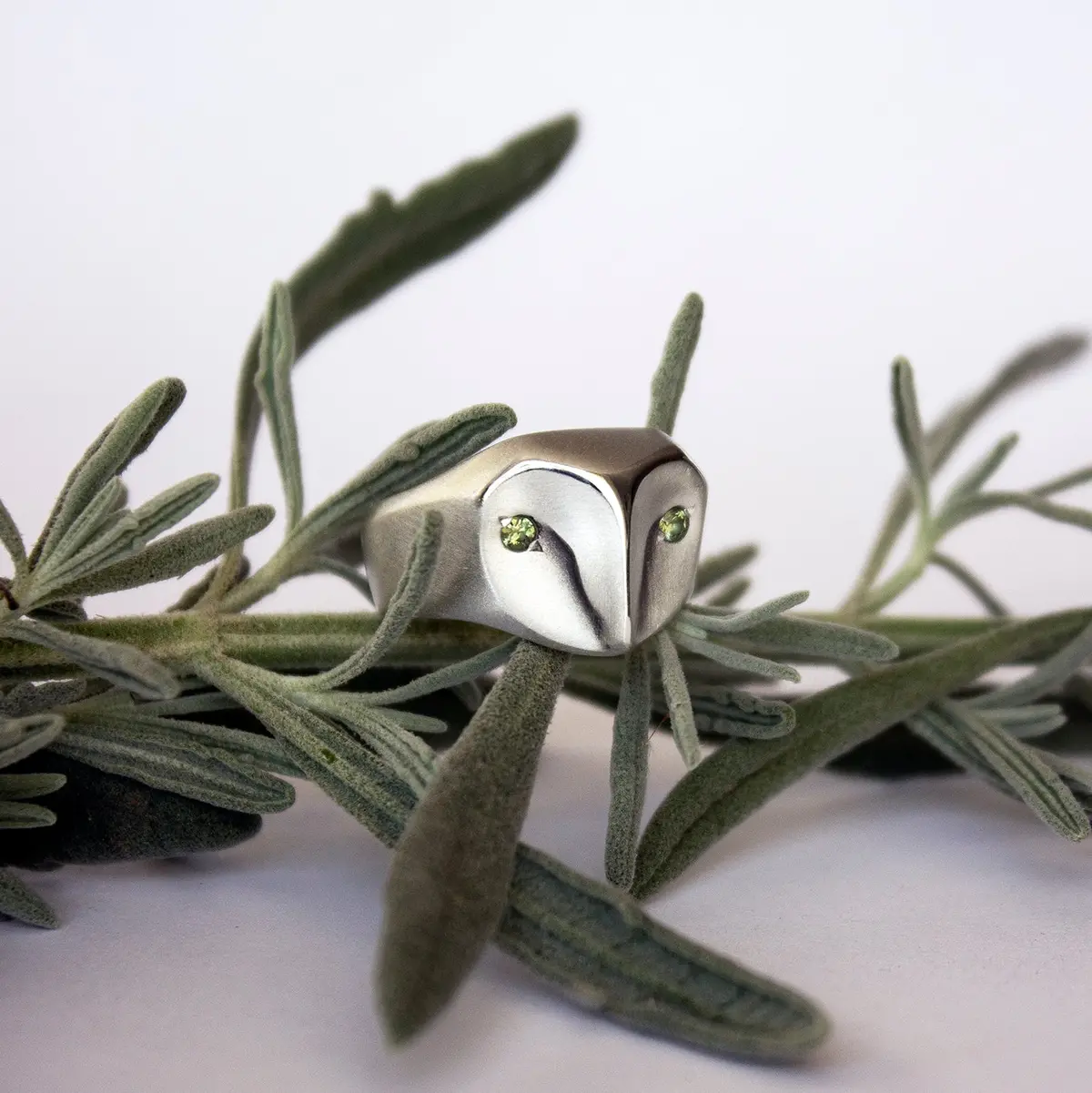 Owl Ring With Sage Green Sapphires 1