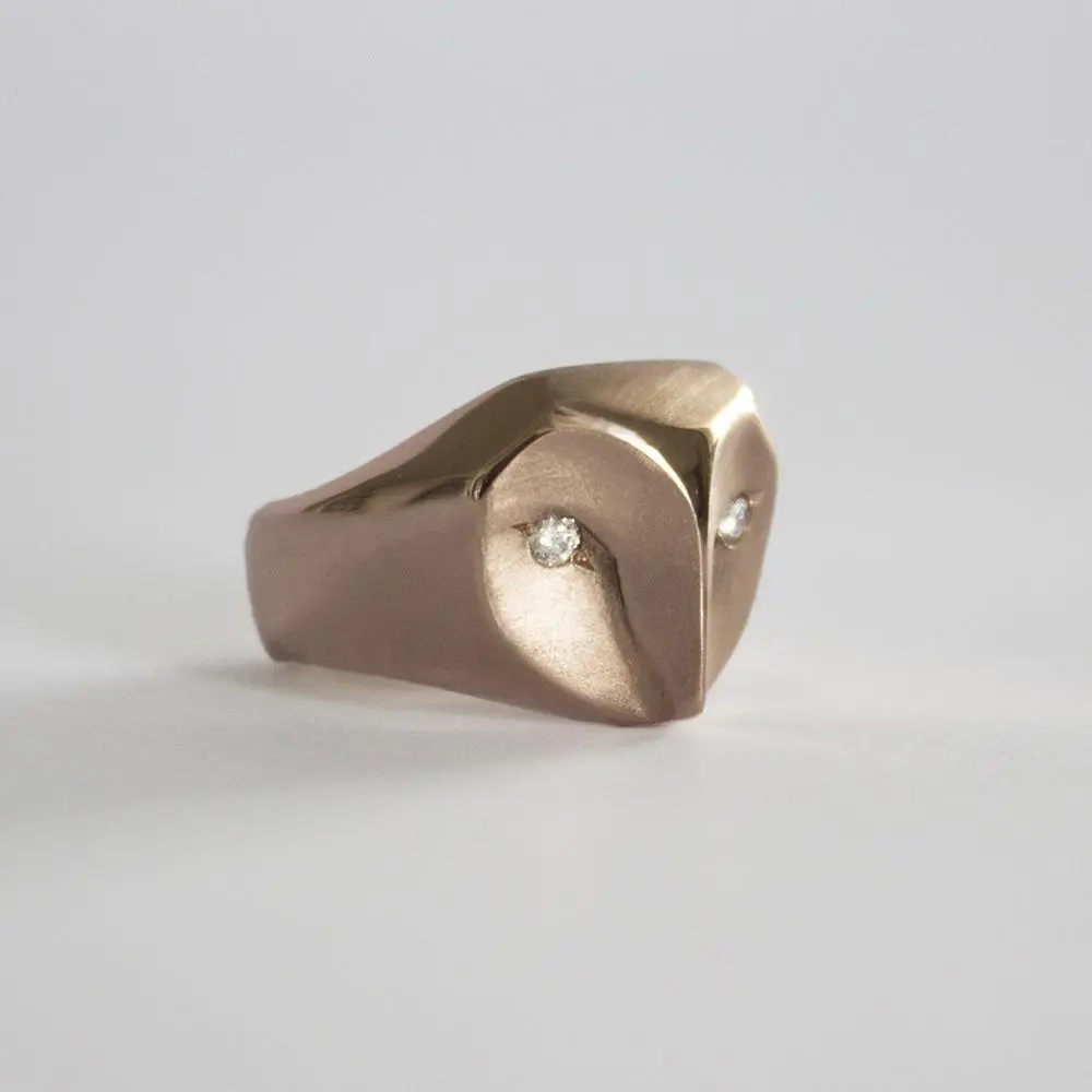 14K Rose Gold Owl Ring With Diamonds 1
