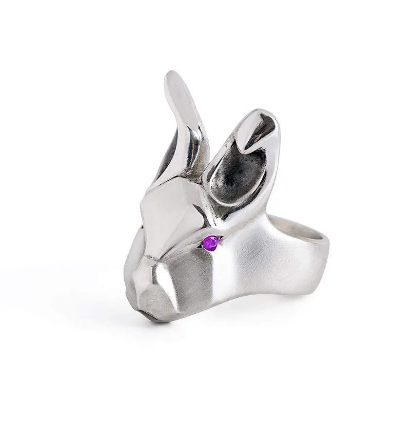 White Rabbit Ring With Purple Amethysts Eyes 1