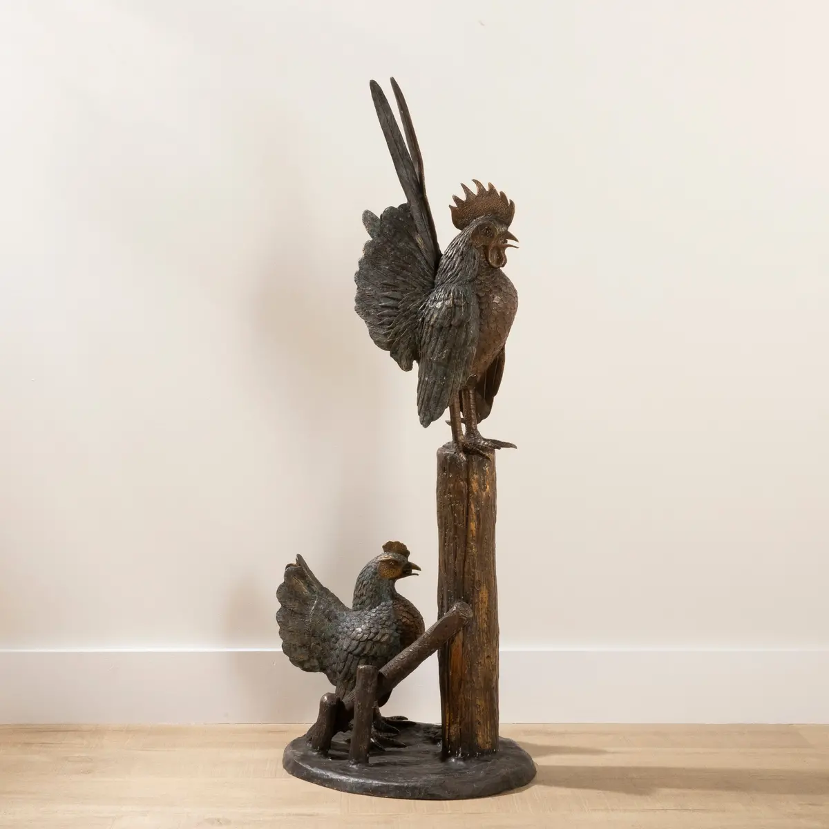 Bronze Rooster Duo Sculpture - 47" 1