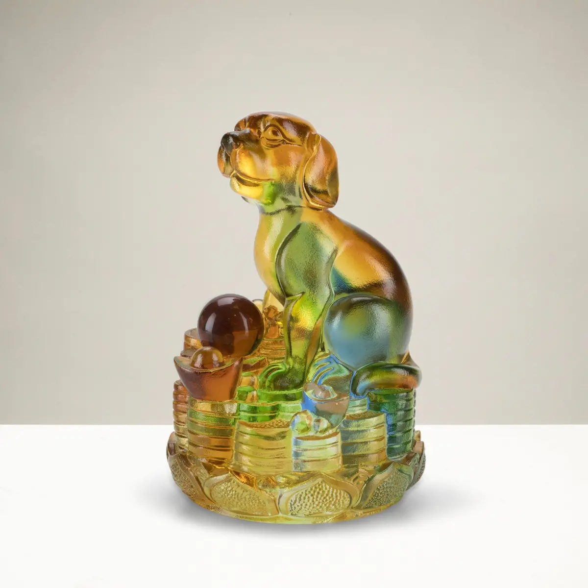 Dog On Mountain Of Gold Coins Glass Carving Art 1