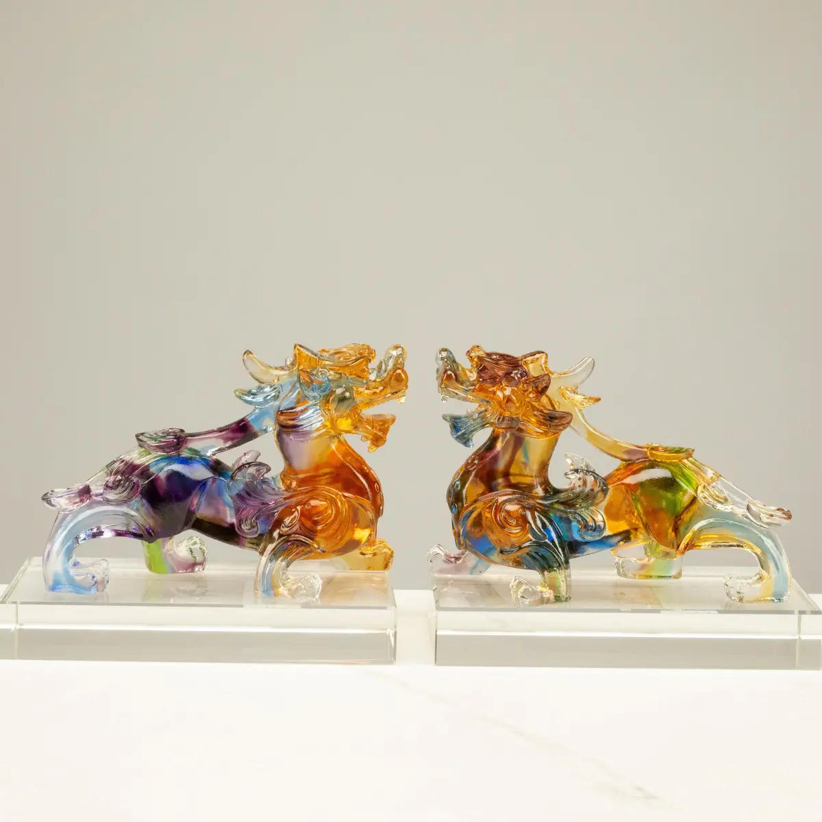 Protective Foo Dog Crystal Carving Pair With Detachable Base - A Symbol Of Good Luck And Protection 1