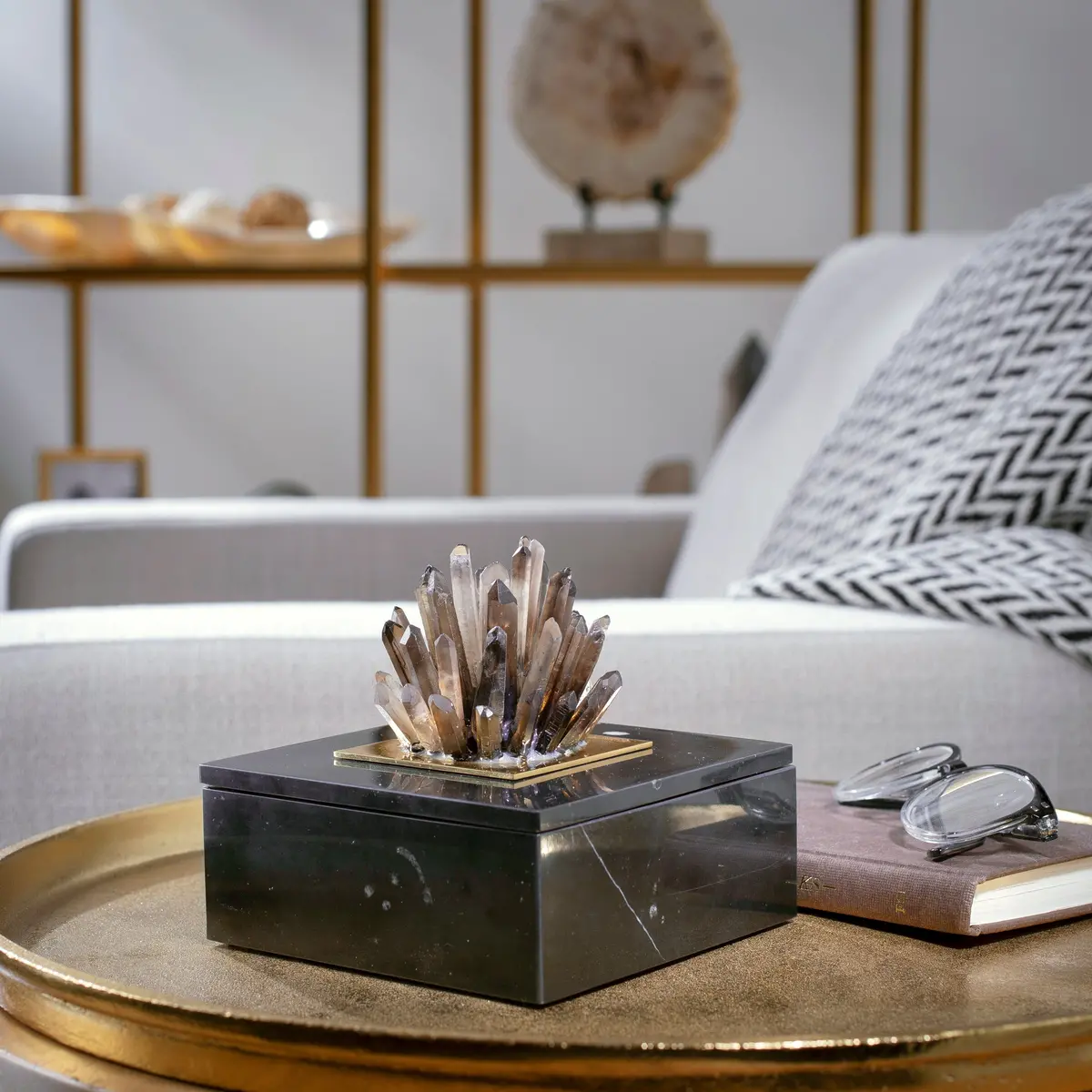 Black Marble Jewelry Box With Smoky Quartz Cluster 1