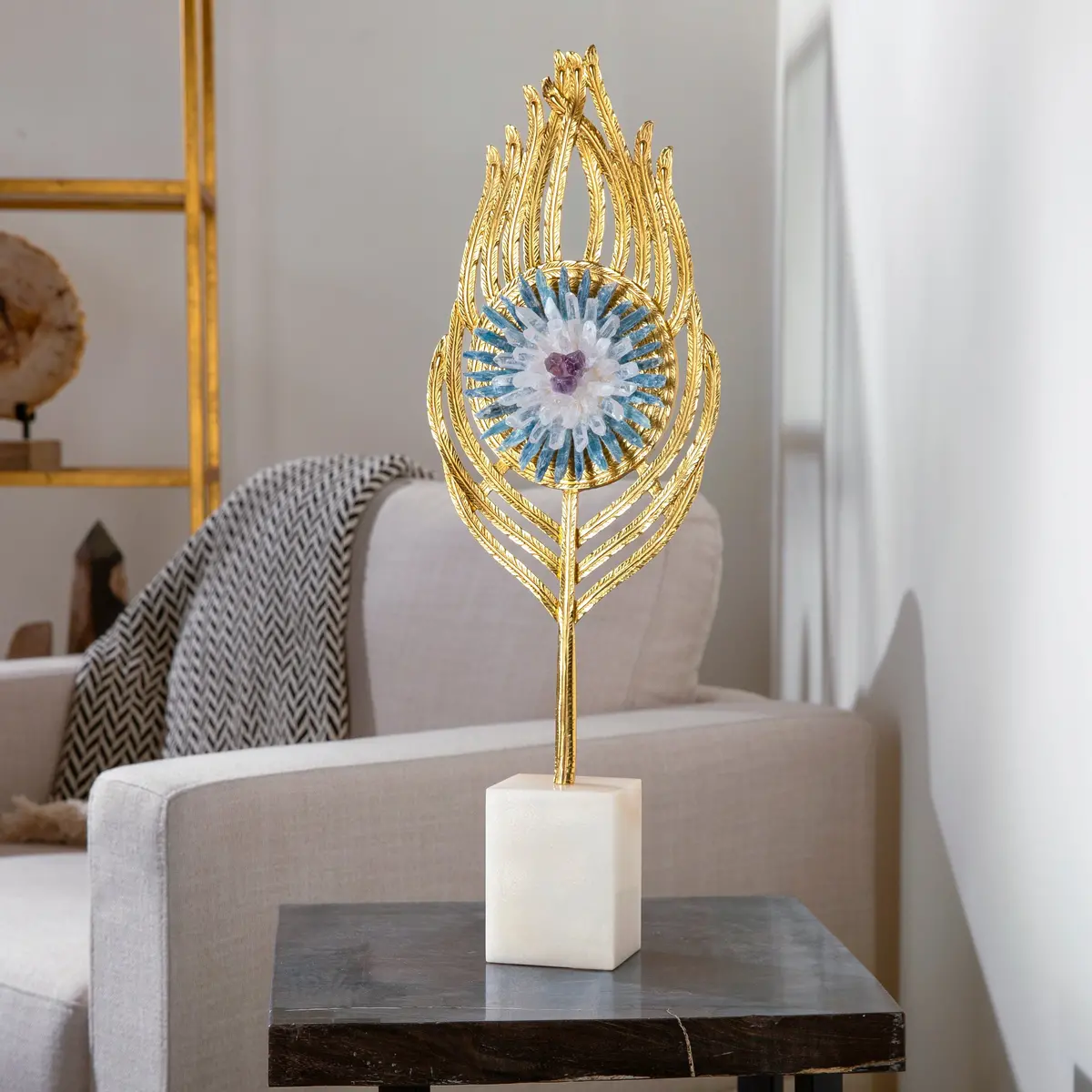Boho Flower With Kyanite, Quartz, And Amethyst On Brass And Marble Stand 1