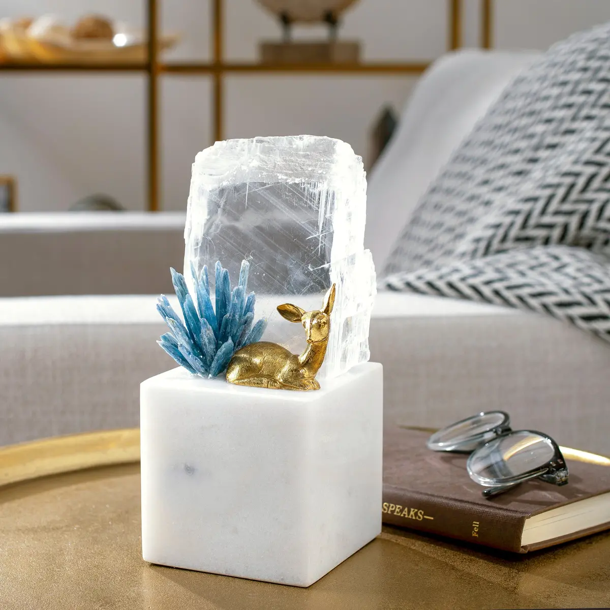 Brass Deer On Marble Base With Selenite And Kyanite 1