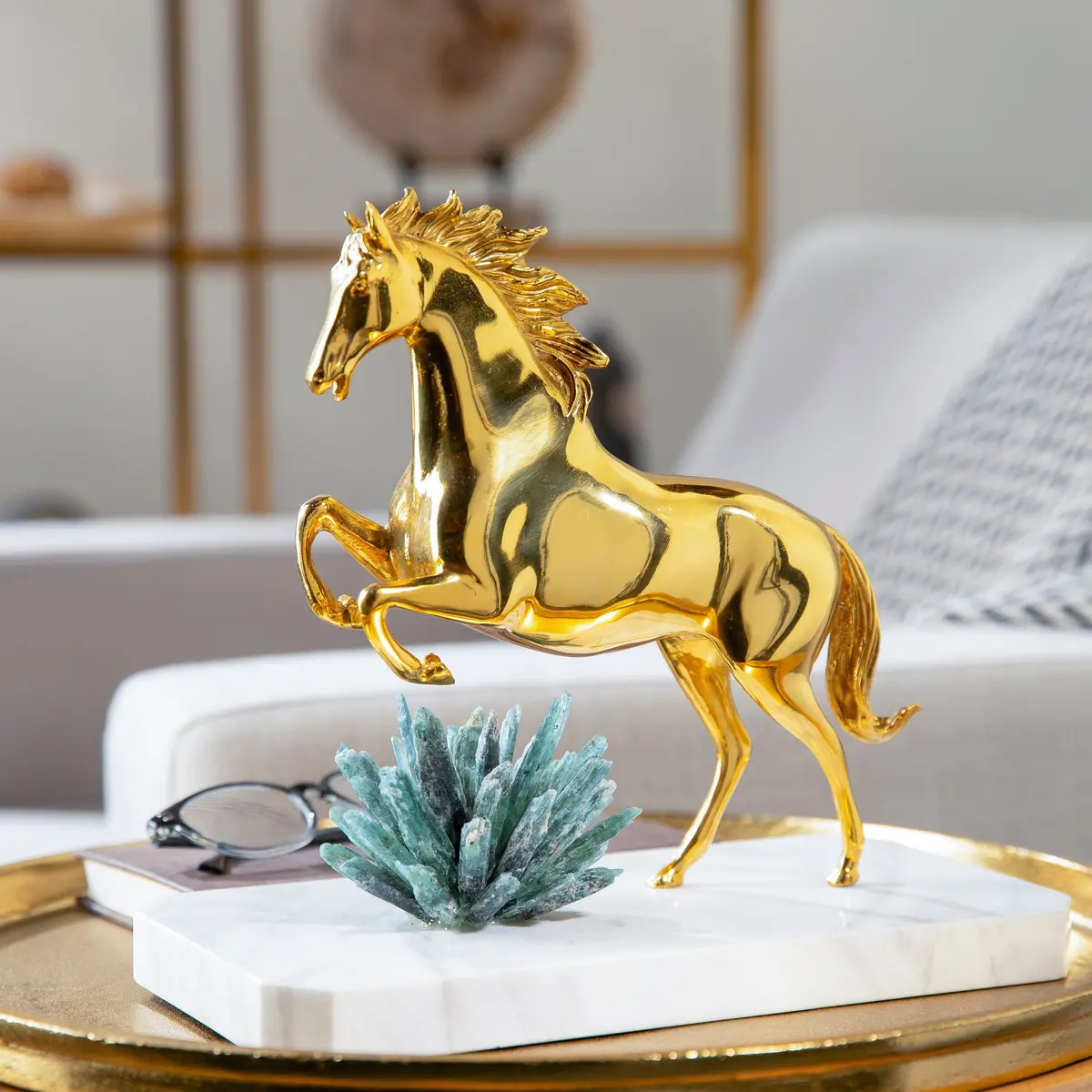 Brass Horse With Kyanite Cluster On Marble Base 1