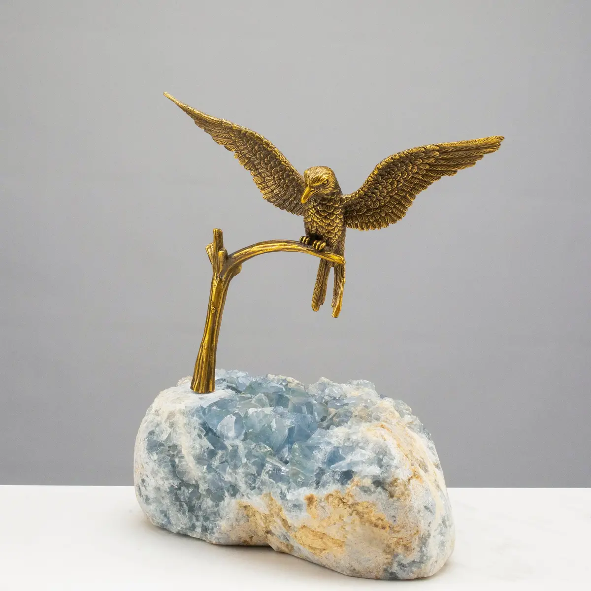 Brass Hummingbird On Blue Celestite Cluster Base 1